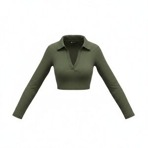 Zara Crop Top Women Size S Green Excellent Long Sleeve Ribbed V-Neck Polo